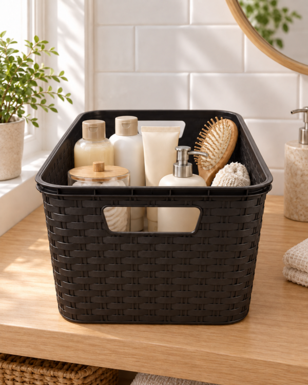 canasto negro simil ratan uso baño
