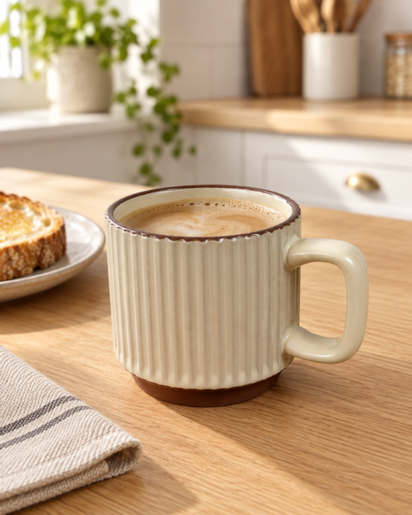 taza cerámica crema con café con leche
