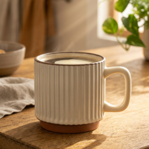 taza crema cerámica con café con leche