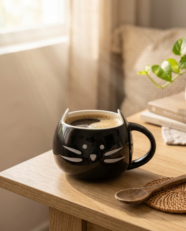 Taza de Cerámica Gatito taza gato negra en uso