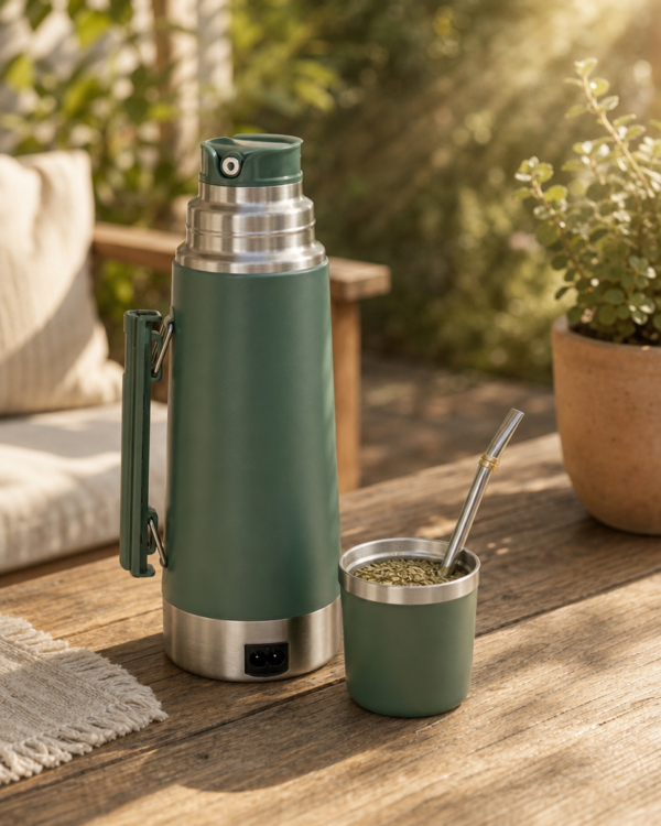 Termo Eléctrico Calentador de Agua para Mate termo calentador eléctrico con mate y bombilla en uso